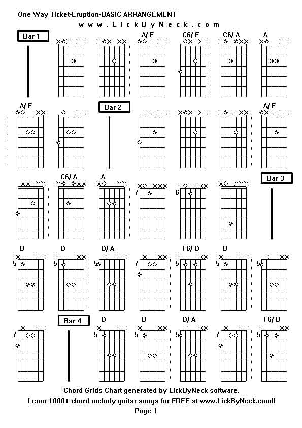 Chord Grids Chart of chord melody fingerstyle guitar song-One Way Ticket-Eruption-BASIC ARRANGEMENT,generated by LickByNeck software.